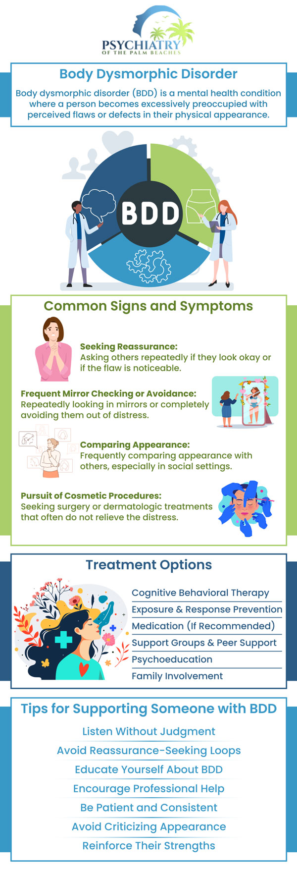 The ultimate goal of body dysmorphic disorder treatment is to recognize and rectify unhealthy thought patterns, fostering the development of flexible and realistic beliefs. Discover the benefits of body dysmorphic disorder treatment today and meet our team of healthcare professionals. Body dysmorphic disorder treatment is available at Psychiatry of the Palm Beaches. For more information, contact us or book an appointment online. Visit Psychiatry of the Palm Beaches serving Vero Beach, Jacksonville, Boynton Beach, Palm Beach Gardens, Stuart, Royal Palm Beach, Port St. Lucie, Melbourne, Fort Lauderdale, and Jupiter, FL. The ultimate goal of body dysmorphic disorder treatment is to recognize and rectify unhealthy thought patterns, fostering the development of flexible and realistic beliefs. Discover the benefits of body dysmorphic disorder treatment today and meet our team of healthcare professionals. Body dysmorphic disorder treatment is available at Psychiatry of the Palm Beaches. For more information, contact us or book an appointment online. Visit Psychiatry of the Palm Beaches serving Vero Beach, Jacksonville, Boynton Beach, Palm Beach Gardens, Stuart, Royal Palm Beach, Port St. Lucie, Melbourne, Fort Lauderdale, and Jupiter, FL.