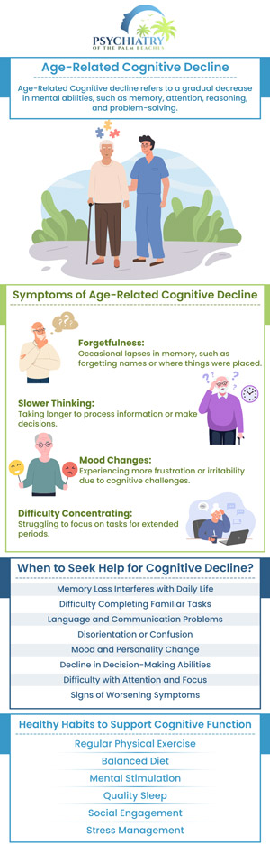 We develop a variety of cognitive skills that seem to reach their optimum around the age of 30, then on average, very modestly deteriorate with age. Most frequently, these aging-related cognitive deficits include generalized delay in thinking as well as challenges with maintaining attention, multitasking, retaining information in mind, and word exploring. For more information, contact us or book an appointment online. Visit Psychiatry of the Palm Beaches serving Vero Beach, Jacksonville, Boynton Beach, Palm Beach Gardens, Stuart, Royal Palm Beach, Port St. Lucie, Melbourne, Fort Lauderdale, and Jupiter, FL.