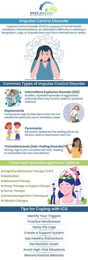 An impulse control disorder is a condition marked by strong, abrupt, and uncontrollable urges to act in ways that can be against social norms or the rights of others. These impulsive behaviors can occur frequently, swiftly, and without regard for the consequences of the activities. Common signs of impulse control disorder are anger, a lack of patience, difficulty concentrating, and unnecessary and intrusive thoughts. If you or a loved one is showing the symptoms of impulse control disorder, seek professional help from Psychiatry of the Palm Beaches. For more information, contact us today or book an appointment online. Visit Psychiatry of the Palm Beaches serving Vero Beach, Jacksonville, Boynton Beach, Palm Beach Gardens, Stuart, Royal Palm Beach, Port St. Lucie, Melbourne, Fort Lauderdale, and Jupiter, FL. An impulse control disorder is a condition marked by strong, abrupt, and uncontrollable urges to act in ways that can be against social norms or the rights of others. These impulsive behaviors can occur frequently, swiftly, and without regard for the consequences of the activities. Common signs of impulse control disorder are anger, a lack of patience, difficulty concentrating, and unnecessary and intrusive thoughts. If you or a loved one is showing the symptoms of impulse control disorder, seek professional help from Psychiatry of the Palm Beaches. For more information, contact us today or book an appointment online. Visit Psychiatry of the Palm Beaches serving Vero Beach, Jacksonville, Boynton Beach, Palm Beach Gardens, Stuart, Royal Palm Beach, Port St. Lucie, Melbourne, Fort Lauderdale, and Jupiter, FL.