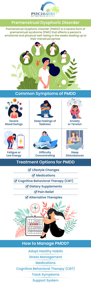 Bloating, headaches, and breast tenderness are PMS symptoms that women with premenstrual dysphoric disorder (PMDD) experience in the weeks before their period. However, severe anxiety, despair, and mood swings are also brought on by PMDD, antidepressants and hormonal birth control can ease symptoms. For more information, contact us or book an appointment online. We have convenient locations to serve you in Vero Beach, Jacksonville, Boynton Beach, Palm Beach Gardens, Stuart, Royal Palm Beach, Port St. Lucie, Melbourne, Fort Lauderdale, and Jupiter, FL. Bloating, headaches, and breast tenderness are PMS symptoms that women with premenstrual dysphoric disorder (PMDD) experience in the weeks before their period. However, severe anxiety, despair, and mood swings are also brought on by PMDD, antidepressants and hormonal birth control can ease symptoms. For more information, contact us or book an appointment online. We have convenient locations to serve you in Vero Beach, Jacksonville, Boynton Beach, Palm Beach Gardens, Stuart, Royal Palm Beach, Port St. Lucie, Melbourne, Fort Lauderdale, and Jupiter, FL.