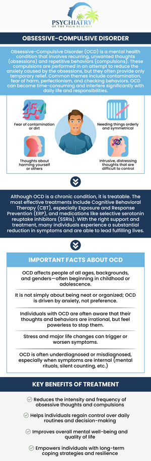 At Psychiatry of the Palm Beaches, our providers consider Obsessive-Compulsive Disorder (OCD) a condition that presents differently across individuals. Various factors, including gender, can influence how symptoms manifest, how they’re experienced, and even what types of compulsions take hold. Identifying these distinctions helps shape treatment approaches tailored to the unique needs of men and women alike. For more information, contact us or book an appointment online. Visit Psychiatry of the Palm Beaches serving Vero Beach, Jacksonville, Boynton Beach, Palm Beach Gardens, Stuart, Royal Palm Beach, Port St. Lucie, Melbourne, Fort Lauderdale, and Jupiter, FL.