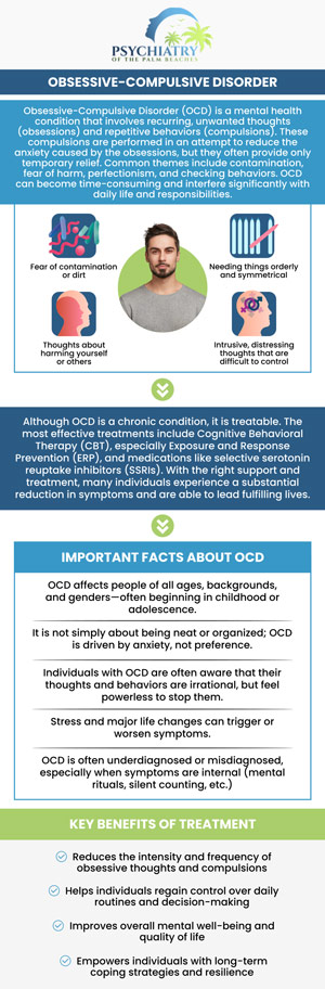 At Psychiatry of the Palm Beaches, our providers consider Obsessive-Compulsive Disorder (OCD) a condition that presents differently across individuals. Various factors, including gender, can influence how symptoms manifest, how they’re experienced, and even what types of compulsions take hold. Identifying these distinctions helps shape treatment approaches tailored to the unique needs of men and women alike. For more information, contact us or book an appointment online. Visit Psychiatry of the Palm Beaches serving Jacksonville, Boynton Beach, Palm Beach Gardens, Stuart, Royal Palm Beach, Port St. Lucie, Melbourne, Fort Lauderdale, and Jupiter, FL.