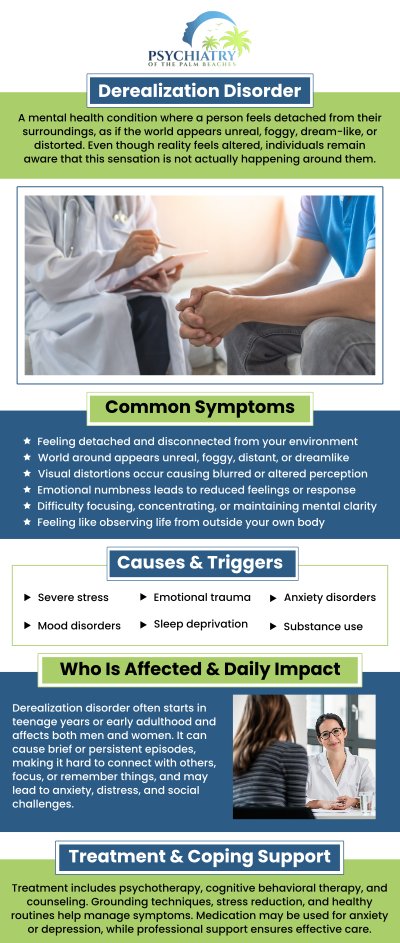 Derealization Disorder can leave individuals feeling detached from reality, experiencing the world as if it's distant or foggy. At Psychiatry of the Palm Beaches, our skilled team employs a combination of psychotherapy, medication, and personalized coping strategies to effectively treat this condition. For more information, contact us today or book an appointment online. Visit Psychiatry of the Palm Beaches serving Jacksonville, Boynton Beach, Palm Beach Garden, Stuart, Royal Palm Beach, Port St. Lucie, Melbourne, Fort Lauderdale, and Jupiter, FL. Derealization Disorder can leave individuals feeling detached from reality, experiencing the world as if it's distant or foggy. At Psychiatry of the Palm Beaches, our skilled team employs a combination of psychotherapy, medication, and personalized coping strategies to effectively treat this condition. For more information, contact us today or book an appointment online. Visit Psychiatry of the Palm Beaches serving Jacksonville, Boynton Beach, Palm Beach Garden, Stuart, Royal Palm Beach, Port St. Lucie, Melbourne, Fort Lauderdale, and Jupiter, FL.