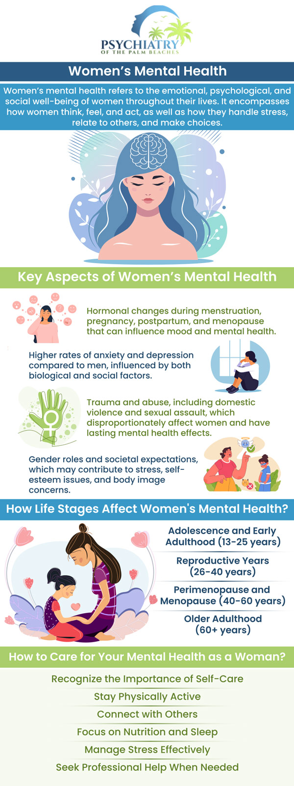 At Psychiatry of the Palm Beaches, our female mental health therapists understand the unique challenges women face. We provide a safe and supportive space where you can openly discuss your concerns and receive tailored counseling and support. Our therapists are dedicated to helping you develop effective coping strategies, enhance your emotional well-being, and improve your overall quality of life. For more information, contact us or book an appointment online. Visit Psychiatry of the Palm Beaches serving Jacksonville, Boynton Beach, Palm Beach Gardens, Stuart, Royal Palm Beach, Port St. Lucie, Melbourne, Fort Lauderdale, and Jupiter, FL.