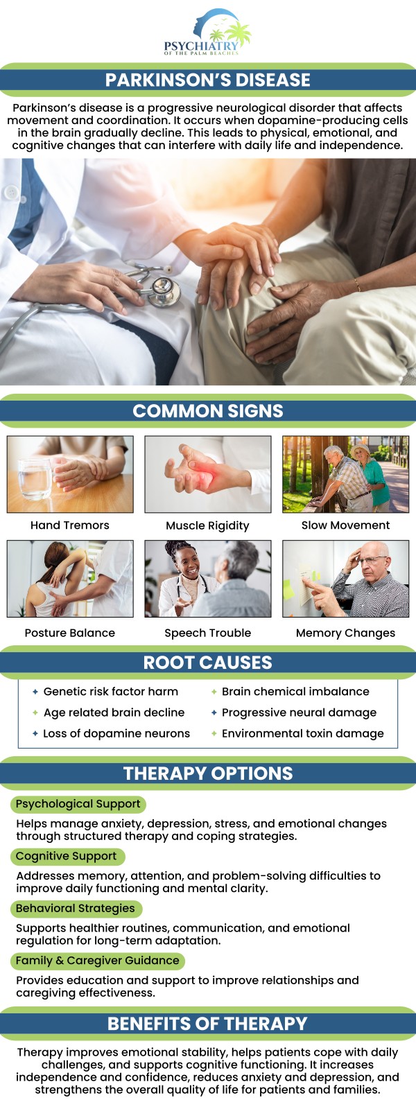 Parkinson's disease is a chronic disorder in which regions of the brain gradually deteriorate over time. Parkinson's disease causes a high level of disability and the need for care. Many patients with Parkinson's disease get dementia. Through personalized treatment plans, our team strives to promote independence, enhance mobility, and foster a supportive community for individuals and their families navigating the complexities of Parkinson's Disease. For more information, contact us today or book an appointment online. We have convenient locations to serve you in Jacksonville, Boynton Beach, Palm Beach Gardens, Stuart, Royal Palm Beach, Port St. Lucie, Melbourne, Fort Lauderdale, and Jupiter, FL.