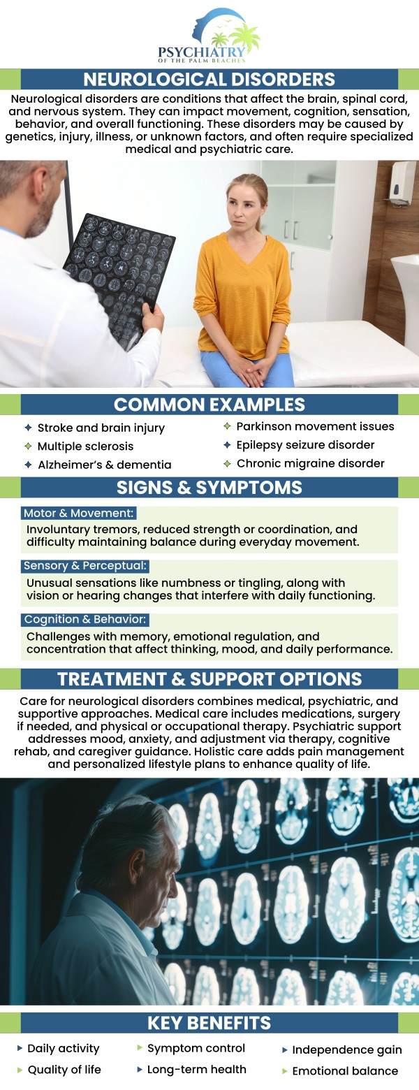 Neurological disorders can disrupt brain functions, impacting mood, behavior, and cognitive abilities, which often leads to mental health challenges like depression and anxiety. Understanding this connection is key to providing comprehensive care and improving overall well-being. For more information, contact us today or book an appointment online. We have convenient locations to serve you in Jacksonville, Boynton Beach, Palm Beach Gardens, Stuart, Royal Palm Beach, Port St. Lucie, Melbourne, Fort Lauderdale, and Jupiter, FL.