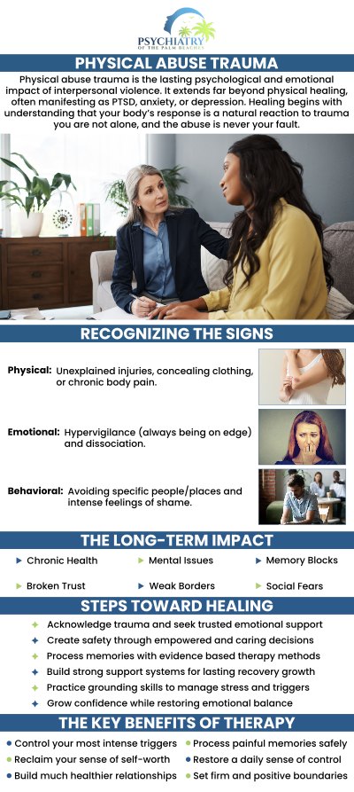 Physical abuse can have both short and long-term consequences on a person's mental health and emotional well-being. Everybody has a different level of severity. Trauma can lead to substance abuse, mental health issues, and other dangerous behaviors. For more information, contact us today or book an appointment online. We have convenient locations to serve you in Jacksonville, Boynton Beach, Palm Beach Gardens, Stuart, Royal Palm Beach, Port St. Lucie, Melbourne, Fort Lauderdale, and Jupiter, FL. Physical abuse can have both short and long-term consequences on a person's mental health and emotional well-being. Everybody has a different level of severity. Trauma can lead to substance abuse, mental health issues, and other dangerous behaviors. For more information, contact us today or book an appointment online. We have convenient locations to serve you in Jacksonville, Boynton Beach, Palm Beach Gardens, Stuart, Royal Palm Beach, Port St. Lucie, Melbourne, Fort Lauderdale, and Jupiter, FL.