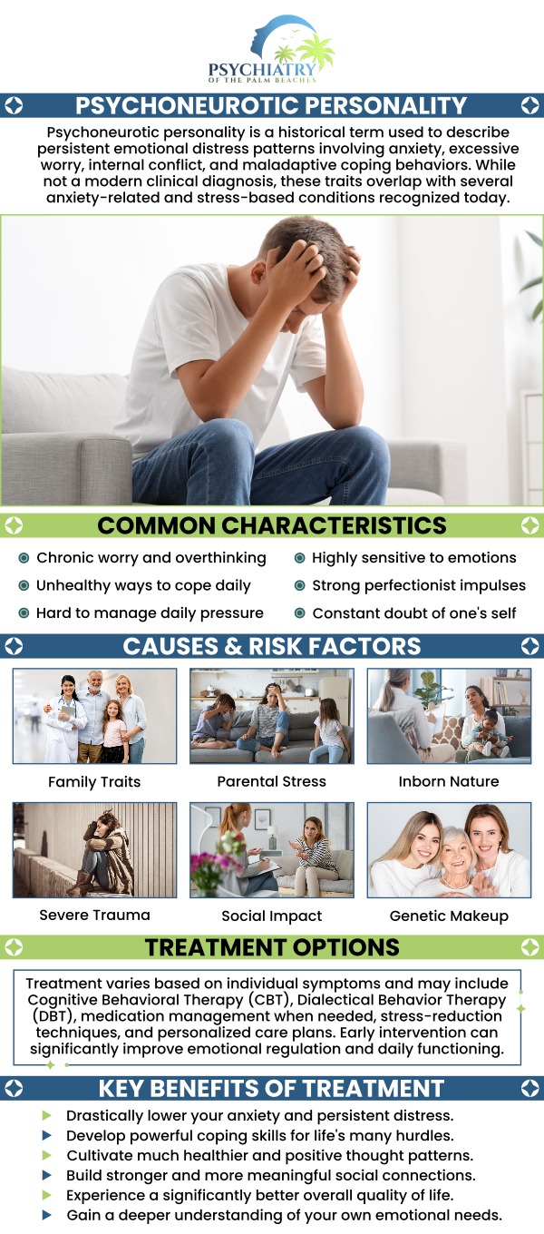 According to this classification, psychoneuroses might include hysteria, obsessive-compulsive disorders, moderate depression, and even phobias. If you are looking for psychoneurotic personality disorder treatment, visit Psychiatry of the Palm Beaches. For more information,contact us today or book anappointment online. We have convenient locations to serve you in Jacksonville, Boynton Beach, Palm Beach Gardens, Stuart, Royal Palm Beach, Port St. Lucie, Melbourne, Fort Lauderdale, and Jupiter, FL.