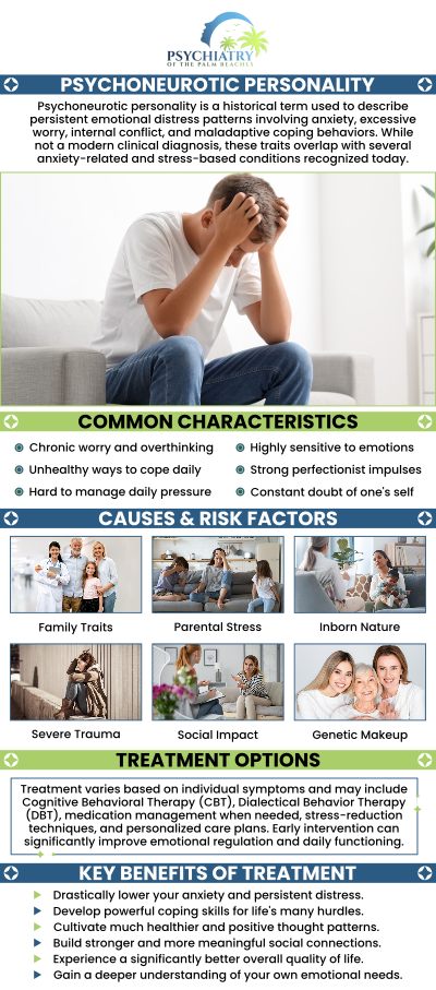 According to this classification, psychoneuroses might include hysteria, obsessive-compulsive disorders, moderate depression, and even phobias. If you are looking for psychoneurotic personality disorder treatment, visit Psychiatry of the Palm Beaches. For more information,contact us today or book anappointment online. We have convenient locations to serve you in Jacksonville, Boynton Beach, Palm Beach Gardens, Stuart, Royal Palm Beach, Port St. Lucie, Melbourne, Fort Lauderdale, and Jupiter, FL.