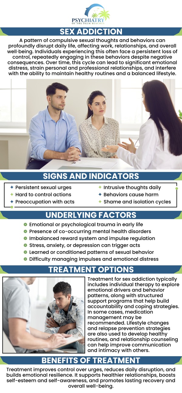 Sex addiction involves compulsive sexual thoughts and behaviors that interfere with daily life. Causes may include trauma and underlying mental health issues. Treatment often involves therapy, medications, and developmentof healthier coping skills for recovery. Dr. David Husted and the team at Psychiatry of the Palm Beaches offer sex addiction management. For more information, contact us or book an appointment online. We have convenient locations to serve you in Jacksonville, Boynton Beach, Palm Beach Gardens, Stuart, Royal Palm Beach, Port St. Lucie, Melbourne, Fort Lauderdale, and Jupiter, FL.