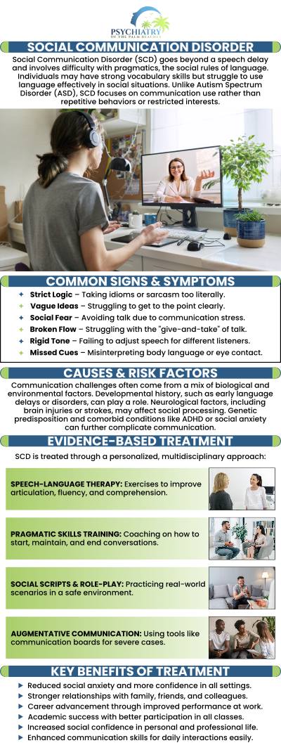 Social communication disorder (SCD) can be defined by difficulty using verbal and nonverbal communication with other people in social situations. Deficits in social interaction, social understanding, pragmatics, and language processing are all signs and symptoms of SCD. Once you've received an official diagnosis, you can begin treatment for social communication disorders at Psychiatry of the Palm Beaches. Our team will help you with customized treatment plans. For more information, contact us today or book an appointment online. We have convenient locations to serve you in Jacksonville, Boynton Beach, Palm Beach Garden, Stuart, Royal Palm Beach, Port St. Lucie, Melbourne, Fort Lauderdale, and Jupiter, FL.