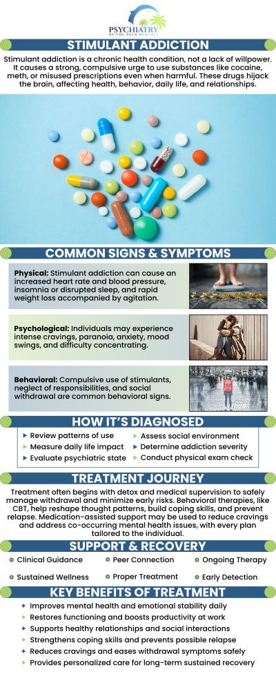 Stimulant addiction is a severe condition characterized by persistent cravings and drug use, causing physical and psychological symptoms like heightened energy, agitation, delusions, weight loss, rapid heartbeat, and sleep disturbances. Our team at Psychiatry of the Palm Beaches provides comprehensive care and treatment options for sustained recovery. For more information, contact us today or book an appointment online. We have convenient locations to serve you in Jacksonville, Boynton Beach, Palm Beach Gardens, Stuart, Royal Palm Beach, Port St. Lucie, Melbourne, Fort Lauderdale, and Jupiter, FL. Stimulant addiction is a severe condition characterized by persistent cravings and drug use, causing physical and psychological symptoms like heightened energy, agitation, delusions, weight loss, rapid heartbeat, and sleep disturbances. Our team at Psychiatry of the Palm Beaches provides comprehensive care and treatment options for sustained recovery. For more information, contact us today or book an appointment online. We have convenient locations to serve you in Jacksonville, Boynton Beach, Palm Beach Gardens, Stuart, Royal Palm Beach, Port St. Lucie, Melbourne, Fort Lauderdale, and Jupiter, FL.
