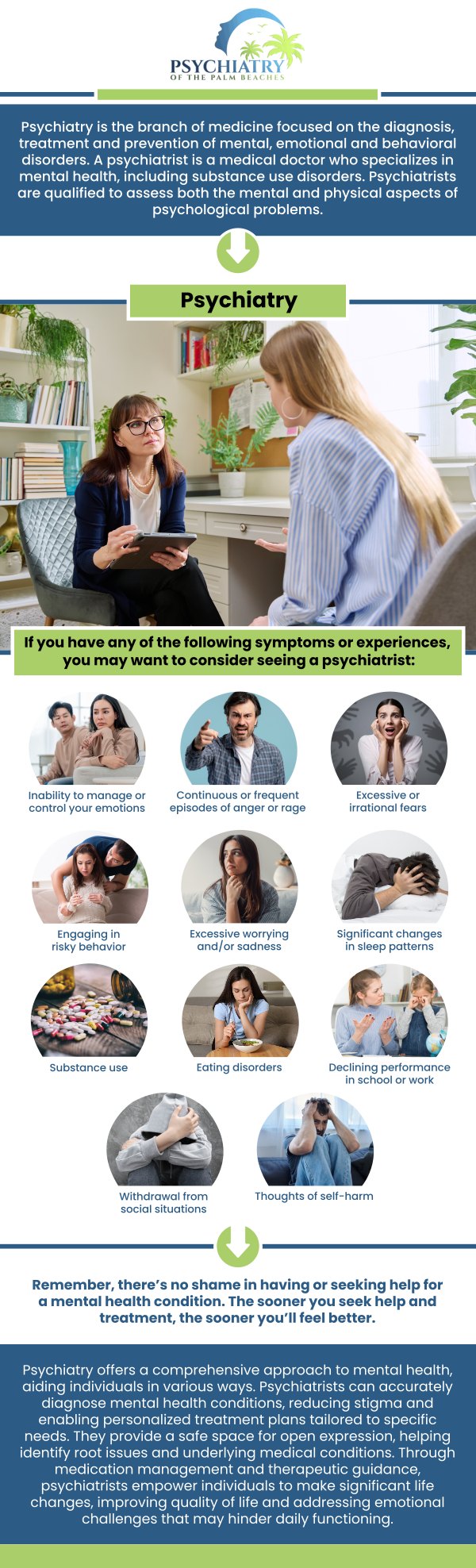 Mental health services are offered for particular diseases and general wellness, and patients should not hesitate to contact a provider if they have any concerns. When these conditions have an impact on a person's daily well-being, it is especially crucial to address them. Top psychiatric services are available at Psychiatry of the Palm Beaches.For more information, contact us today or book an appointment online! We are conveniently located at 10301 Hagen Ranch Rd Suite D720, Boynton Beach, FL 33437.