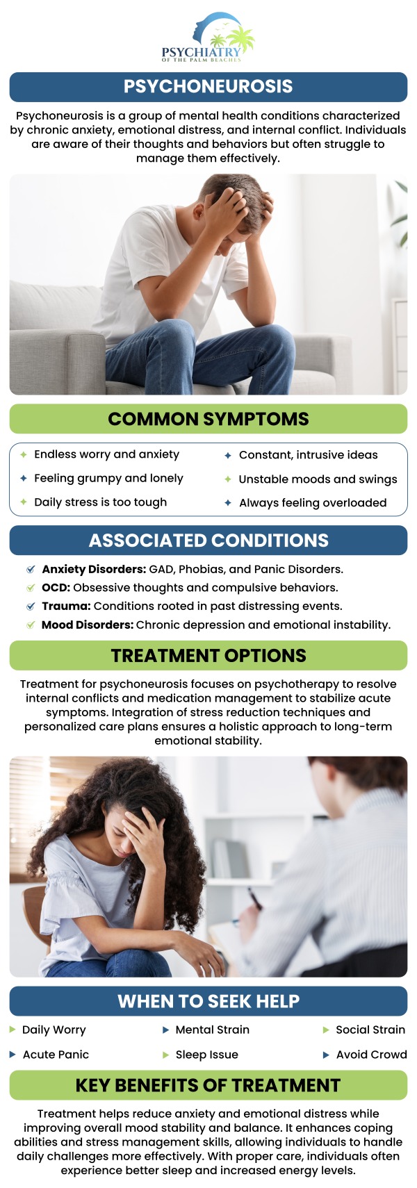 At Psychiatry of the Palm Beaches, we provide a clear understanding of psychoneurosis and related symptoms. Dr. David Husted and our team use evidence-based therapies to support patients dealing with anxiety, depression, and other neurotic disorders. We focus on personalized treatment plans to improve mental health and well-being. For more information, contact us or book an appointment online. Visit Psychiatry of the Palm Beaches serving Jacksonville, Boynton Beach, Palm Beach Gardens, Stuart, Royal Palm Beach, Port St. Lucie, Melbourne, Fort Lauderdale, and Jupiter, FL.