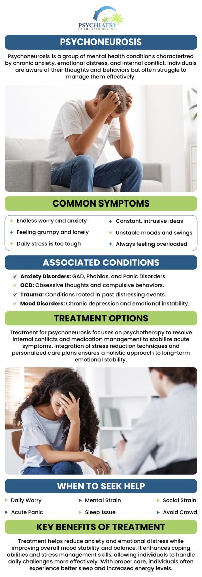 At Psychiatry of the Palm Beaches, we provide a clear understanding of psychoneurosis and related symptoms. Dr. David Husted and our team use evidence-based therapies to support patients dealing with anxiety, depression, and other neurotic disorders. We focus on personalized treatment plans to improve mental health and well-being. For more information, contact us or book an appointment online. Visit Psychiatry of the Palm Beaches serving Jacksonville, Boynton Beach, Palm Beach Gardens, Stuart, Royal Palm Beach, Port St. Lucie, Melbourne, Fort Lauderdale, and Jupiter, FL.