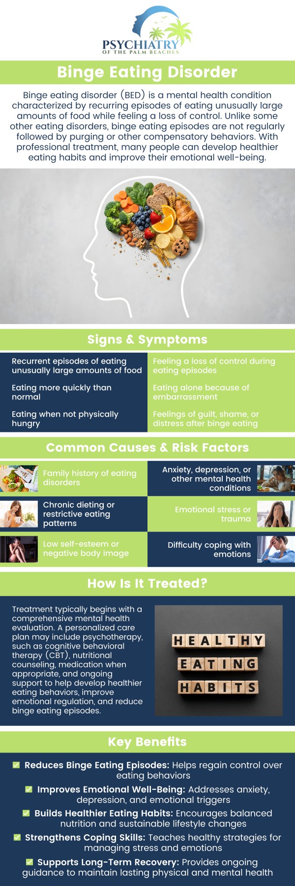 Binge Eating Disorder (BED) is a serious eating disorder marked by frequent, uncontrolled binge eating episodes. Unlike other eating disorders, BED doesn't involve compensatory behaviors. Individuals with BED often experience feelings of shame and guilt. Dr. David Husted and the team at Psychiatry of the Palm Beaches offer comprehensive care for individuals with BED. For more information, contact us or book an appointment online. Visit Psychiatry of the Palm Beaches serving Jacksonville, Boynton Beach, Palm Beach Gardens, Stuart, Royal Palm Beach, Port St. Lucie, Melbourne, Fort Lauderdale, and Jupiter, FL.