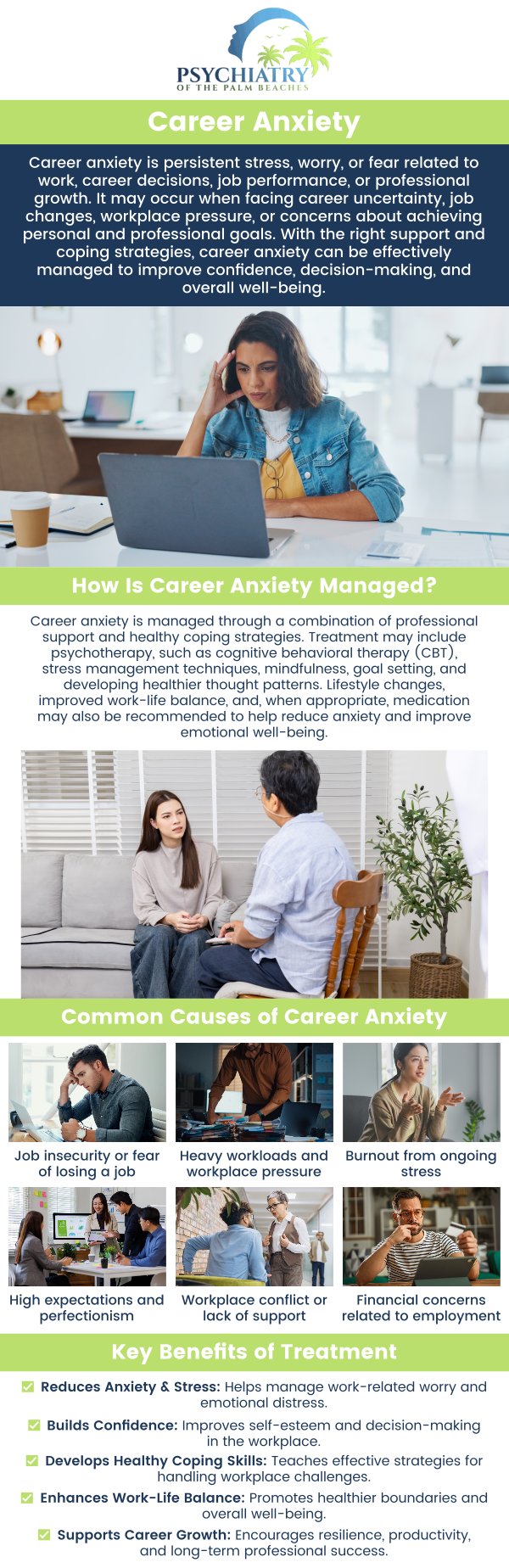 If you're feeling overwhelmed by work stress, Dr. David Husted and our team at Psychiatry of the Palm Beaches offer compassionate support and effective strategies to help you manage career anxiety and regain your sense of balance. We understand your unique situation and are dedicated to providing tailored solutions. For more information, contact us today or book an appointment online. We have convenient locations to serve you in Jacksonville, Boynton Beach, Palm Beach Gardens, Stuart, Royal Palm Beach, Port St. Lucie, Melbourne, Fort Lauderdale, and Jupiter, FL.