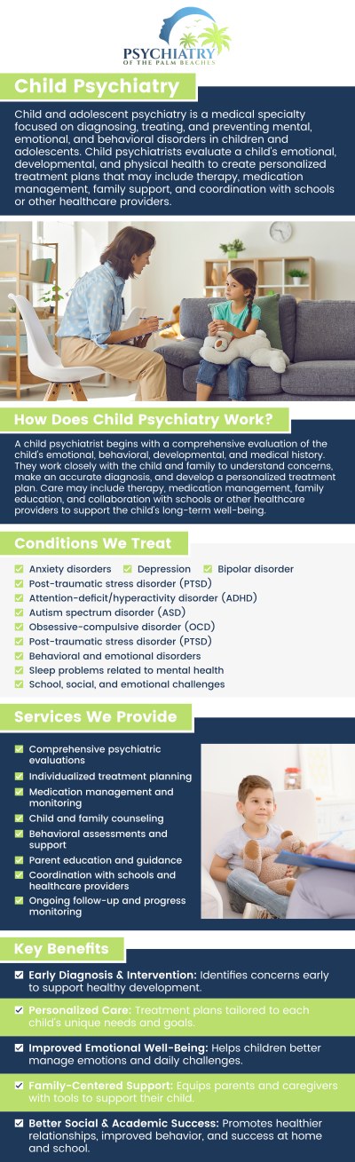 When a child consistently struggles with focus, attention, or academic performance, it often stems from underlying cognitive or emotional hurdles rather than a lack of effort. Our professional team of child psychiatrists conducts thorough, compassionate assessments to identify the root causes of these challenges, developing targeted interventions tailored to your child's unique needs. Through a collaborative blend of behavioral strategies, personalized support, and evidence-based medical management, we empower your child to unlock their full academic potential and rediscover the joy of learning. For more information, contact us today or book an appointment online! We are conveniently located at 2950 Halcyon Lane Suite 605 Jacksonville, FL 32223.