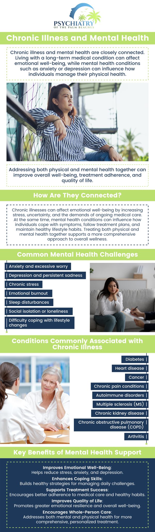 Living with chronic illness can have a profound impact on mental health, often leading to feelings of depression, anxiety, and isolation. At Psychiatry of the Palm Beaches, we recognize the unique psychological challenges faced by individuals with chronic illness and provide personalized care to address these emotional hurdles. For more information, contact us or book an appointment online. Visit Psychiatry of the Palm Beaches serving Jacksonville, Boynton Beach, Palm Beach Gardens, Stuart, Royal Palm Beach, Port St. Lucie, Melbourne, Fort Lauderdale, and Jupiter, FL.
