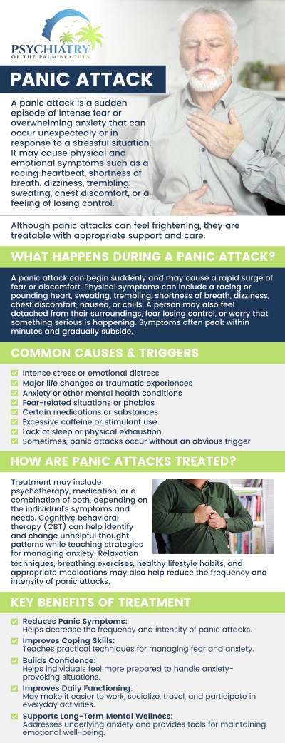 A panic attack is a brief period of severe anxiety that causes physical symptoms such as a racing heart, shortness of breath, dizziness, shaking, and muscle tension. While panic episodes are rarely dangerous, they are difficult to manage and may worsen if left untreated. If you are experiencing symptoms, seek medical attention immediately. At Psychiatry of the Palm Beaches, our team of psychiatrists specializes in assisting people to overcome anxiety so that they can live full, happy lives. For more information, contact us today or book an appointment online. We have convenient locations to serve you in Jacksonville, Boynton Beach, Palm Beach Gardens, Stuart, Royal Palm Beach, Port St. Lucie, Melbourne, Fort Lauderdale, and Jupiter, FL. A panic attack is a brief period of severe anxiety that causes physical symptoms such as a racing heart, shortness of breath, dizziness, shaking, and muscle tension. While panic episodes are rarely dangerous, they are difficult to manage and may worsen if left untreated. If you are experiencing symptoms, seek medical attention immediately. At Psychiatry of the Palm Beaches, our team of psychiatrists specializes in assisting people to overcome anxiety so that they can live full, happy lives. For more information, contact us today or book an appointment online. We have convenient locations to serve you in Jacksonville, Boynton Beach, Palm Beach Gardens, Stuart, Royal Palm Beach, Port St. Lucie, Melbourne, Fort Lauderdale, and Jupiter, FL.