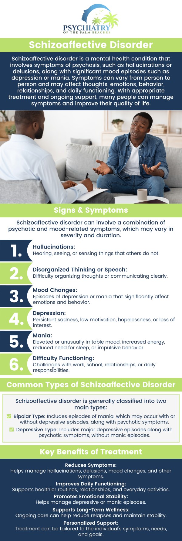 Schizoaffective Disorder blends symptoms of schizophrenia and mood disorders, presenting unique challenges in diagnosis and treatment. At Psychiatry of the Palm Beaches, our team is dedicated to providing tailored therapeutic strategies and medication management. We focus on integrated care to support each patient's journey towards stability and improved mental health. For more information, contact us today or book an appointment online. We have convenient locations to serve you in Jacksonville, Boynton Beach, Palm Beach Garden, Stuart, Royal Palm Beach, Port St. Lucie, Melbourne, Fort Lauderdale, and Jupiter, FL.