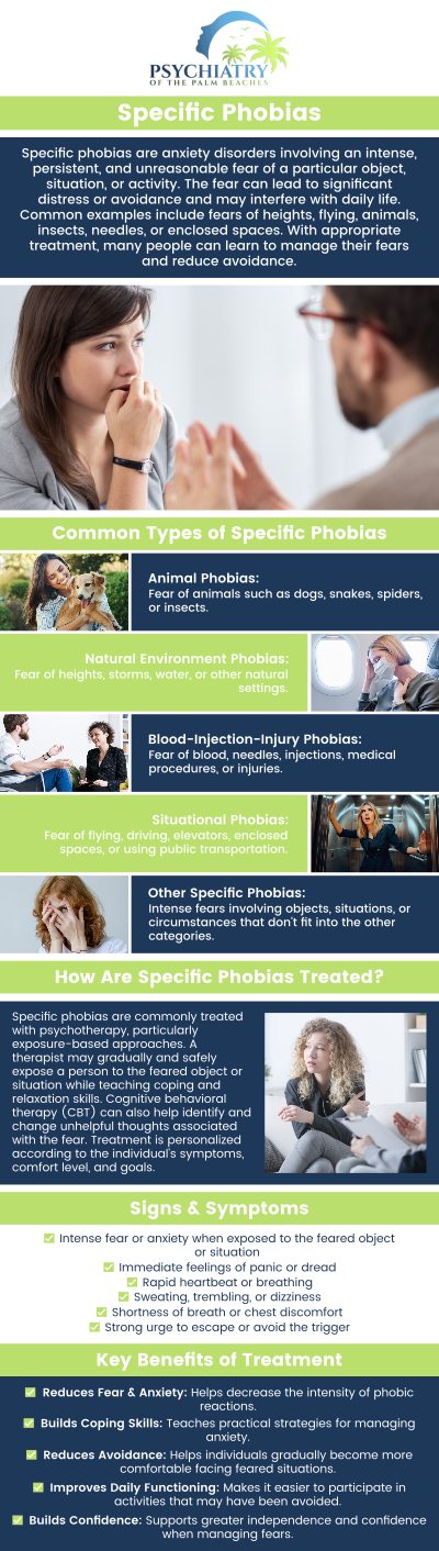 Our team at Psychiatry of the Palm Beaches specializes in treating specific phobias, helping individuals overcome intense irrational fears that affect their daily lives. We employ evidence-based therapies such as cognitive-behavioral therapy to effectively reduce these fears and their impact on emotional and social well-being. For more information, contact us today or book an appointment online! We are conveniently located at 6300 North Wickham Road Suite 110 Melbourne, FL 32940.