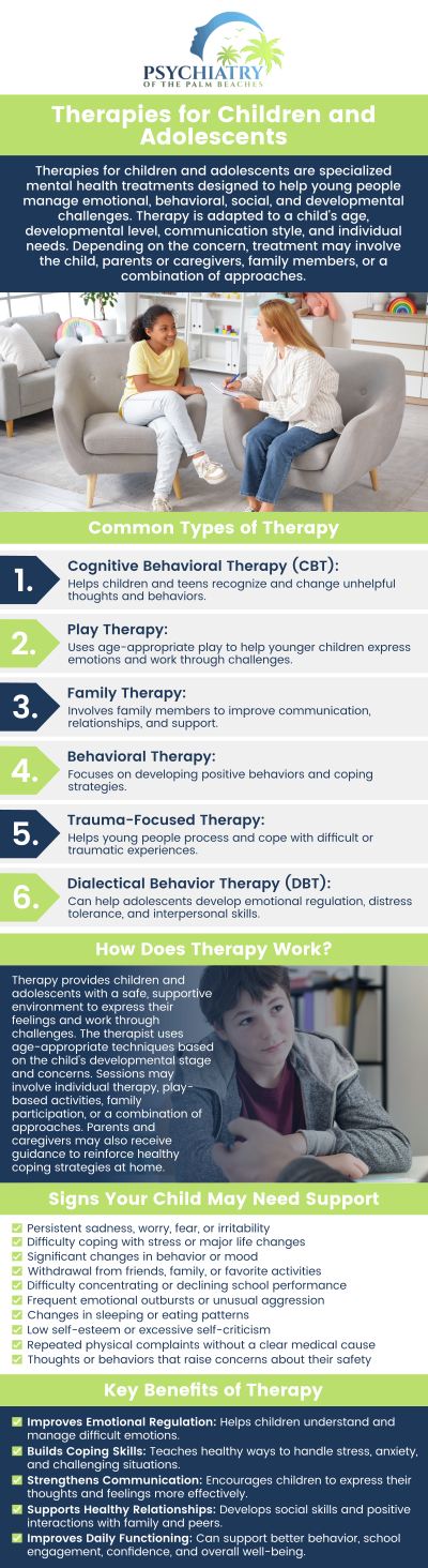 Therapy helps children and adolescents navigate emotional, behavioral, and developmental challenges while building healthy coping skills. It supports improved communication, emotional regulation, and confidence during critical growth stages. For the appropriate outcomes, it’s important to consult professionals who can provide personalized guidance and age-appropriate care tailored to your child’s needs. For more information, contact us or schedule an appointment online. We are located at 3107 Stirling Road, Suite 107, Ft. Lauderdale, FL 33312.