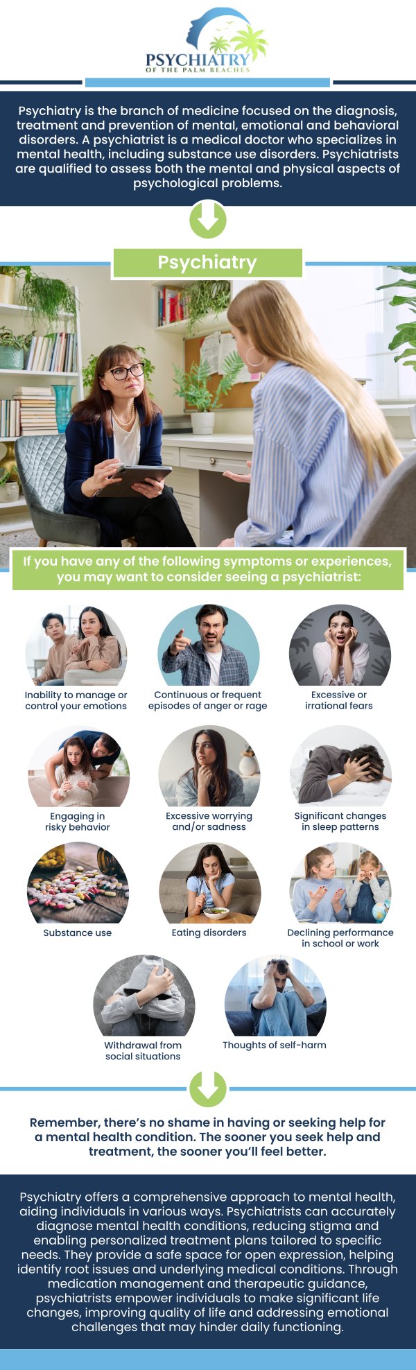 Our team at Psychiatry of the Palm Beaches provides accessible and personalized psychiatric care for individuals in Bluffton, SC. We take time to understand each patient’s mental health concerns, symptoms, goals, and individual needs before developing an appropriate care plan. Our team offers compassionate support for a range of emotional, behavioral, and psychiatric concerns while helping patients better understand their treatment options. We focus on creating a comfortable and respectful environment where patients can openly discuss their concerns and feel supported throughout their care. By providing ongoing guidance and individualized attention, our team strives to make professional psychiatric care more approachable and help patients work toward improved emotional well-being and overall quality of life. For more information, contact us today or book an appointment. We are conveniently located at 25 Clarks Summit Drive Suite F201 Bluffton, SC 29910.